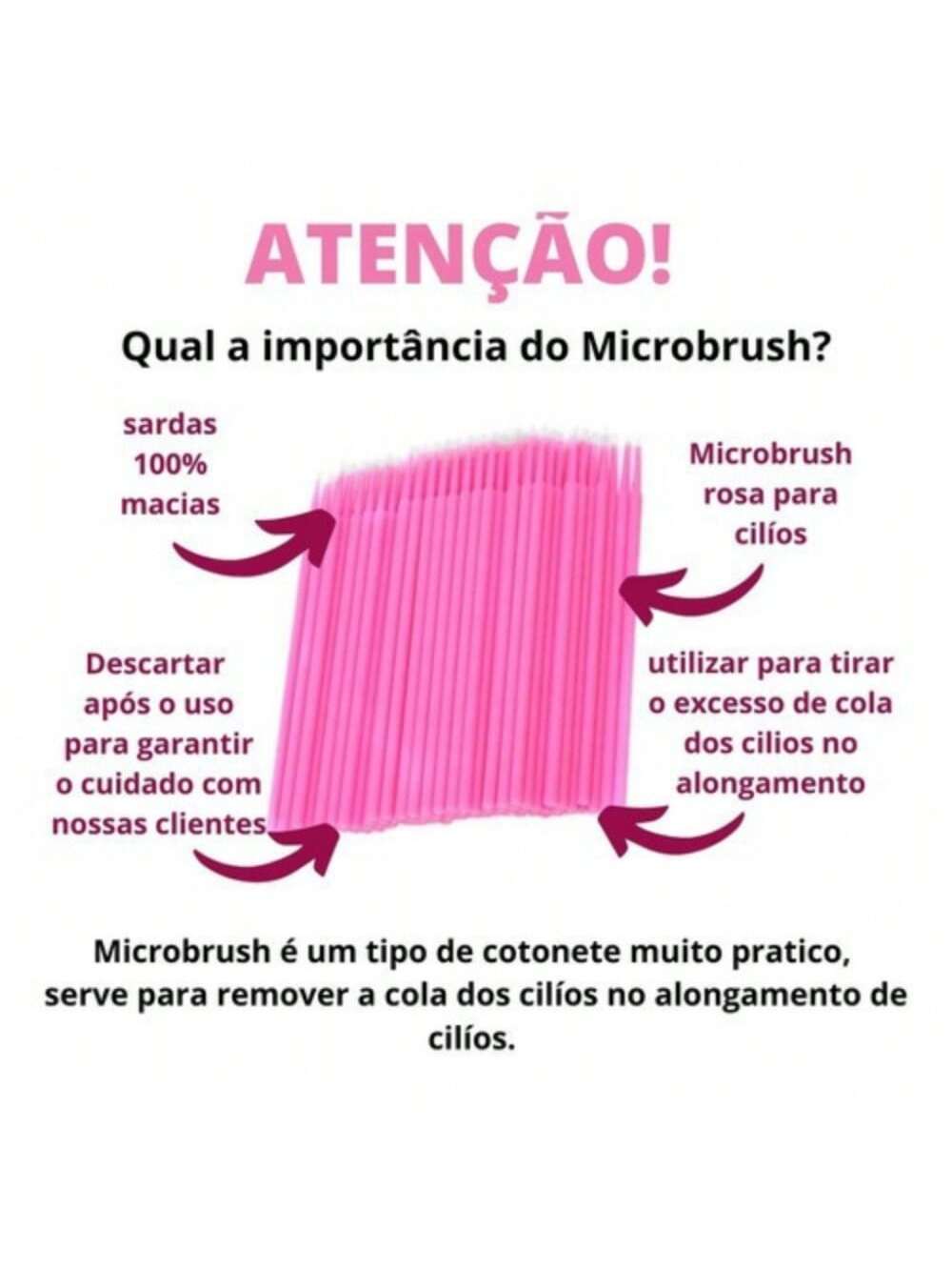 Microbrush Descartável Rosa (100 Unidades) - Extensão de Cílios