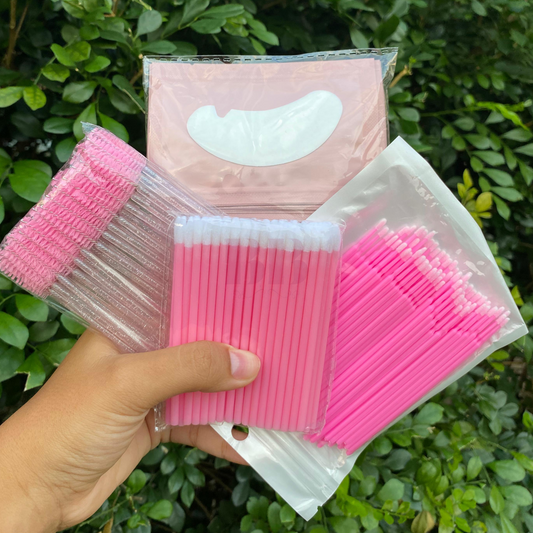 Kit Rosa - 50 Escovinhas + 50 Aplicadores de batom + 100 Microbrush + 100 Gel pads (50 pares) Rosa - Extensão de Cílios