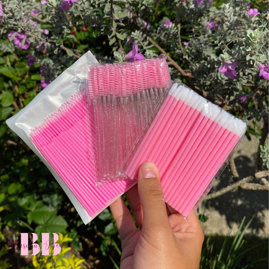 Kit Rosa - 50 Escovinhas + 50 Aplicadores de Batom + 100 Microbrush - Extensão de Cílios