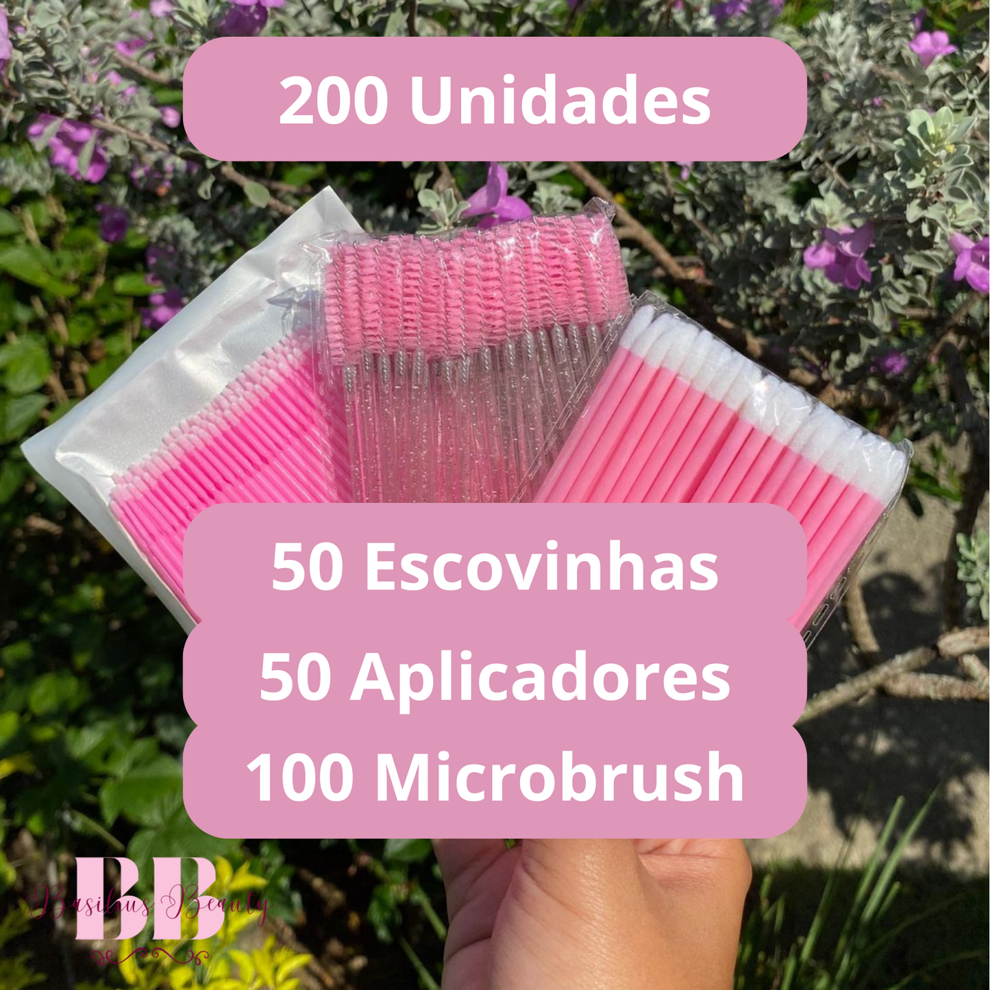 Kit Rosa - 50 Escovinhas + 50 Aplicadores de Batom + 100 Microbrush - Extensão de Cílios